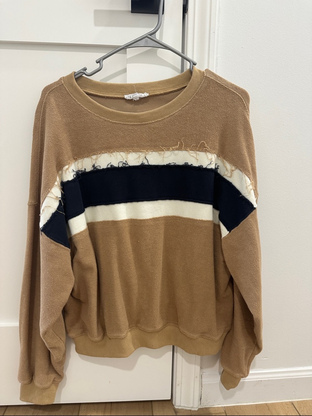 Relaxed Crewneck Sweatshirt in Tan with Black & Cream Stripe